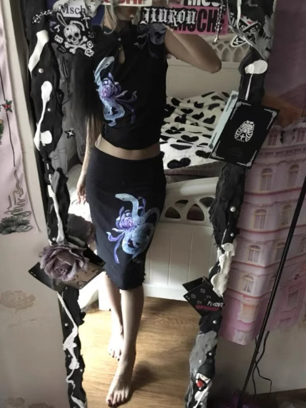 2026 new summer water droplet hollow orchid snake print new Chinese short sleeved skirt niche set cool temperament spicy girl