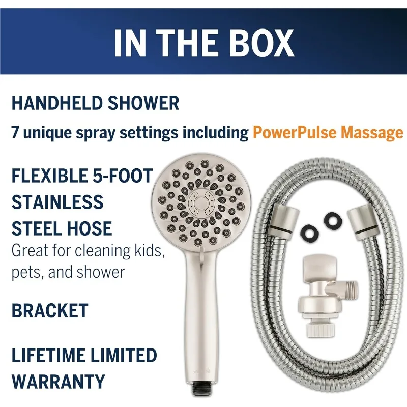 High Pressure Hand Held Shower Head With Hose, PowerPulse Massage 7-Mode, Brushed Nickel XPB-769ME