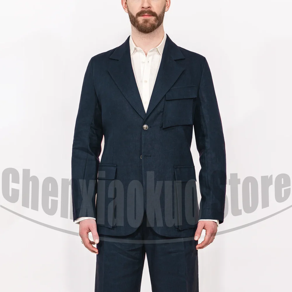 

Men's Linen Suit with Unique Pocket Design Single Breasted Outfits Daily Casual Stylish Wedding Party Male Suit (Blazer+Pants)