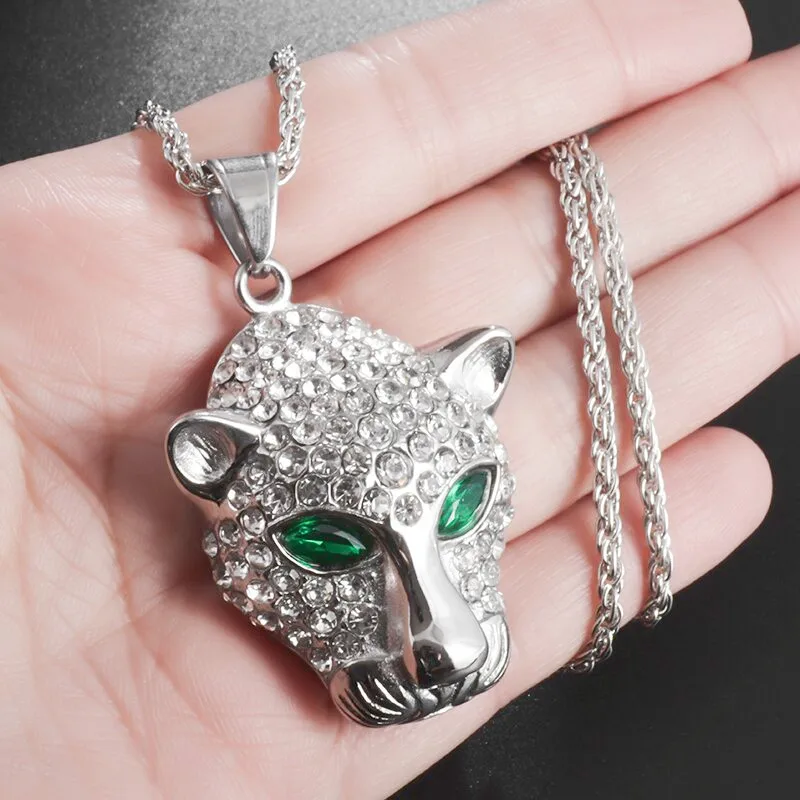 Hip Hop Exquisite Zircon Green Eyed Leopard Head Pendant Necklace for Men Women Fashion Rock Jewelry Gift