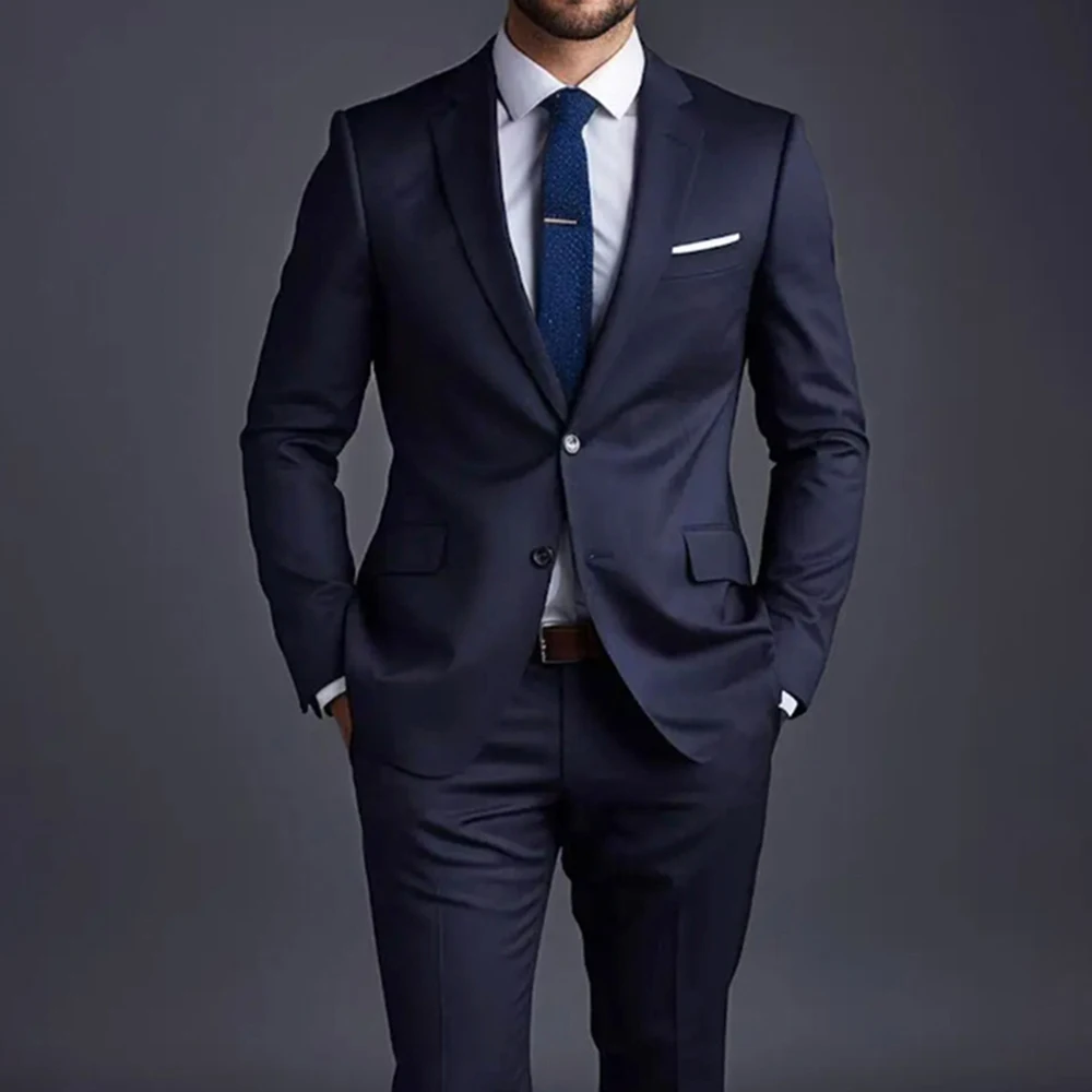 Summer Fashion Solid Men Suits Navy Blue High-end Notch Lapel Single Breasted Slim Wear Chic Business Casual Office Male Suit