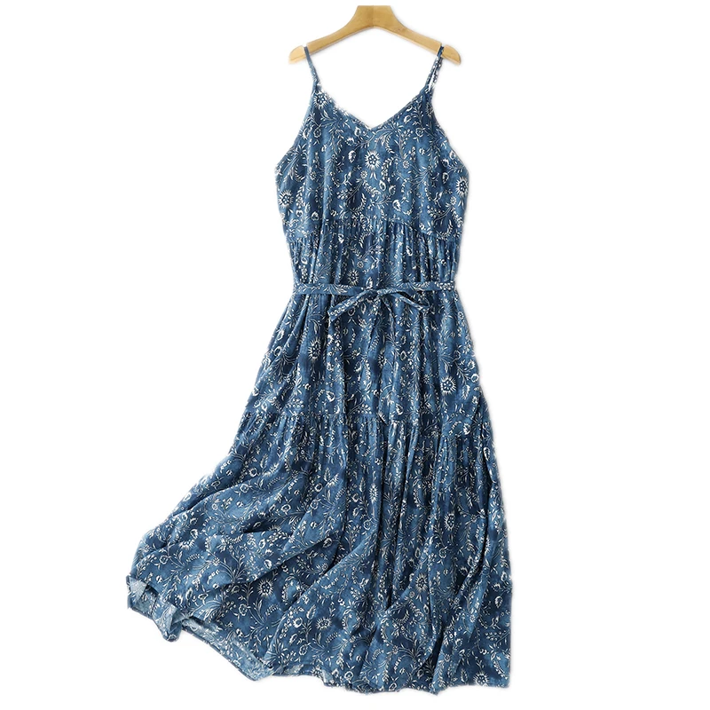 Belted V-neck Floral Printed Blue Cotton Slip Dress Women Summer Holiday Beach Boho Style Sleeveless Midi Long Dress With Pocket