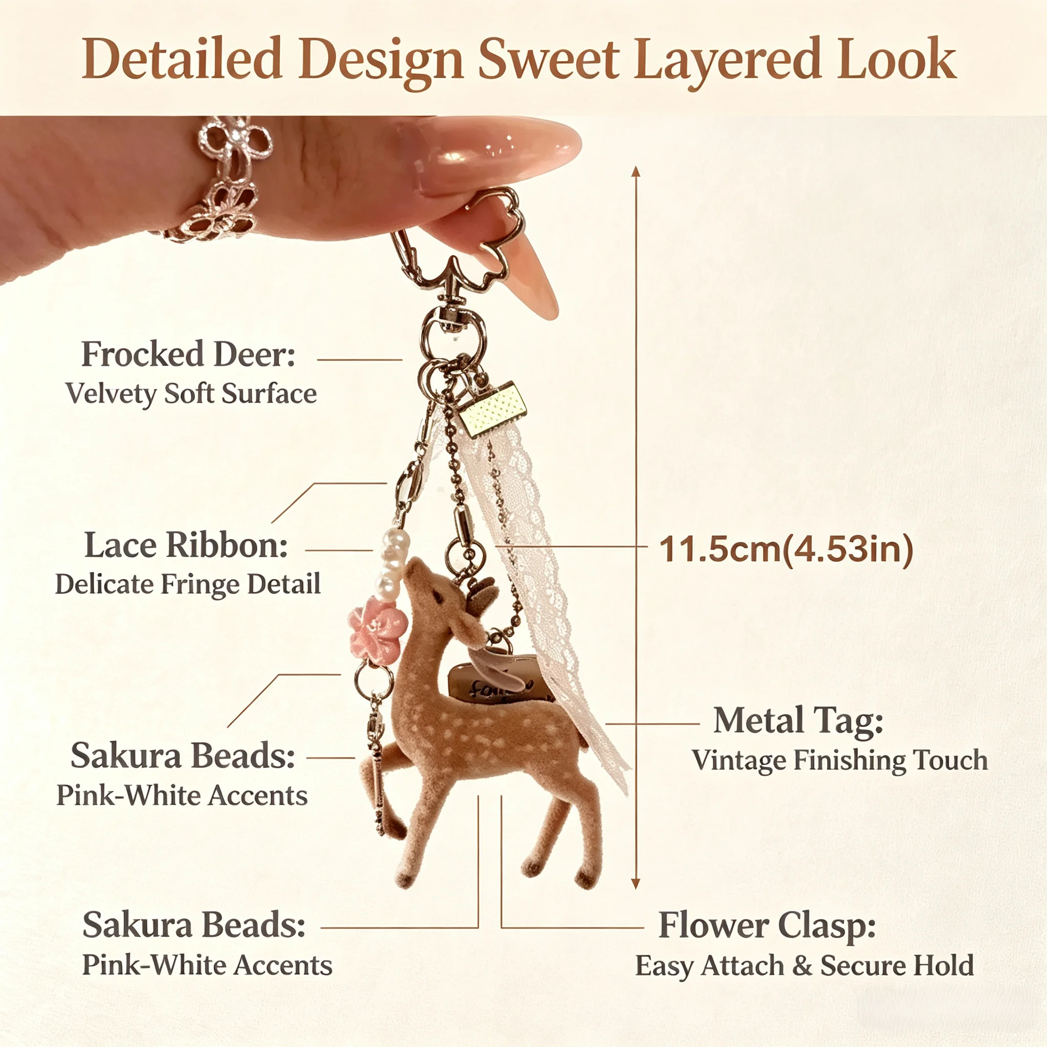 Sweet Flocked Spotted Deer Keychain Bag Pendant Lace Ribbon Sakura Beads Vintage Metal Tag Backpack Decor Gift for Girls