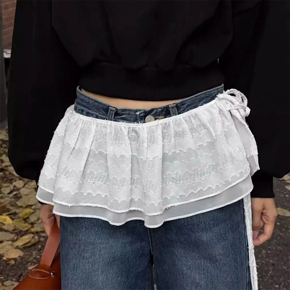 

Новая кружевная мини-юбка с вышитыми цветами, прозрачные юбки со рюшами в стиле Харадзюку, уличная одежда Y2K, занавеска для ягодиц, джинсовое украшение
