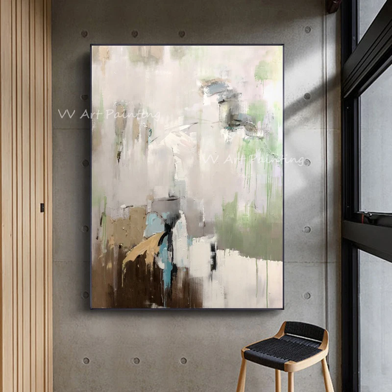 Hand Painted Abstract Oil Painting, Vertical Impasto Palette Knife Canvas, Neutral Sage Green Brown Textured Modern Wall Art