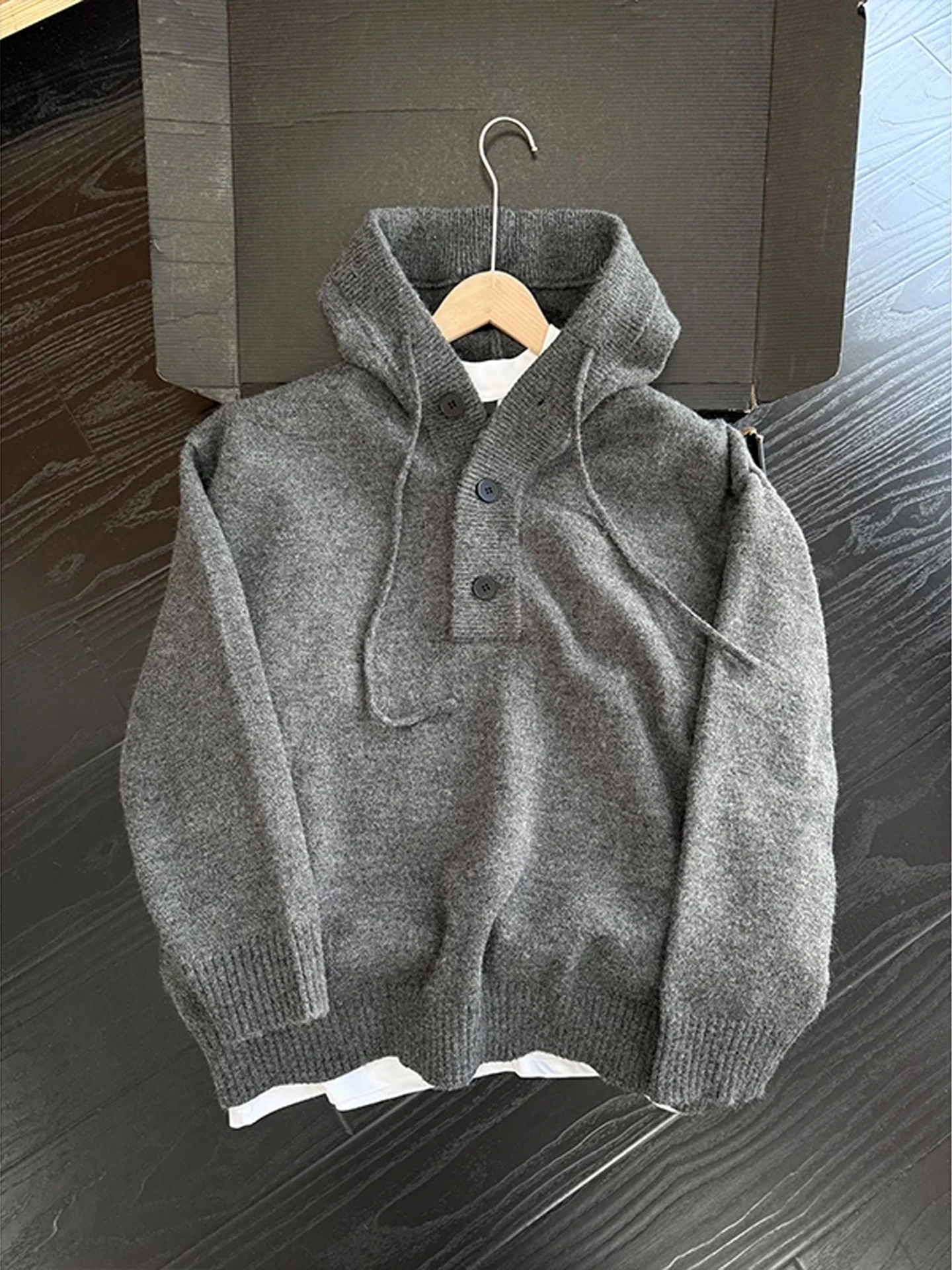 

Мужской свитер Deep ey в американском ретро-стиле с капюшоном и воротником Хенли, повседневный, свободного кроя, с длинными рукавами, V-образным вырезом, вязаный кардиган