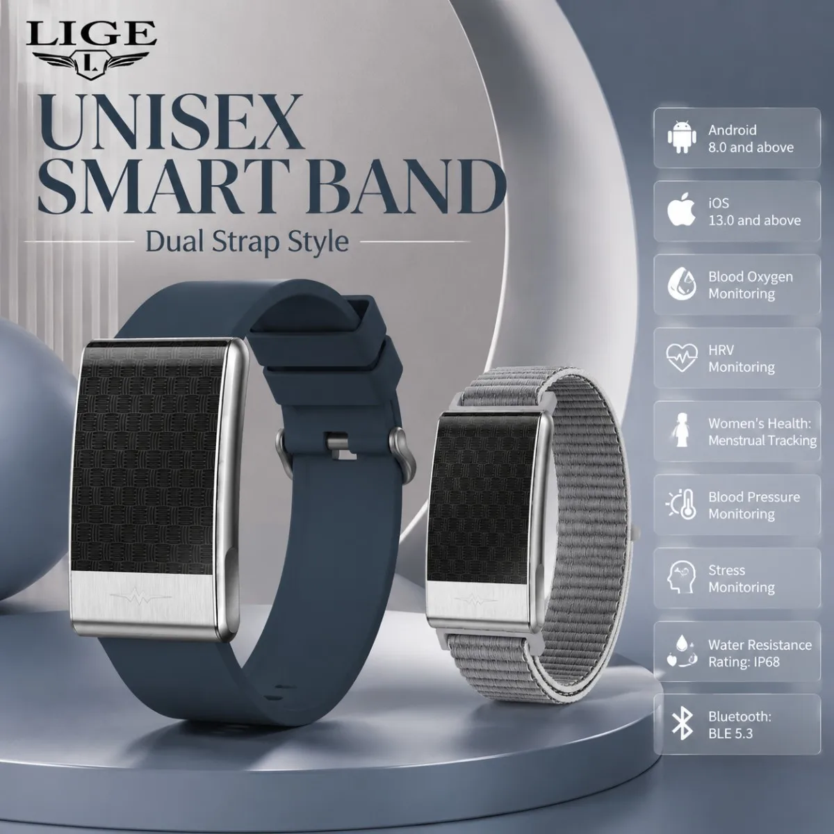LIGE No Screen Smart Bracelet Sports ECG+PPG Heart Rate Blood Pressure Stress Temperature Waterproof SOS Screenless Smart Watch