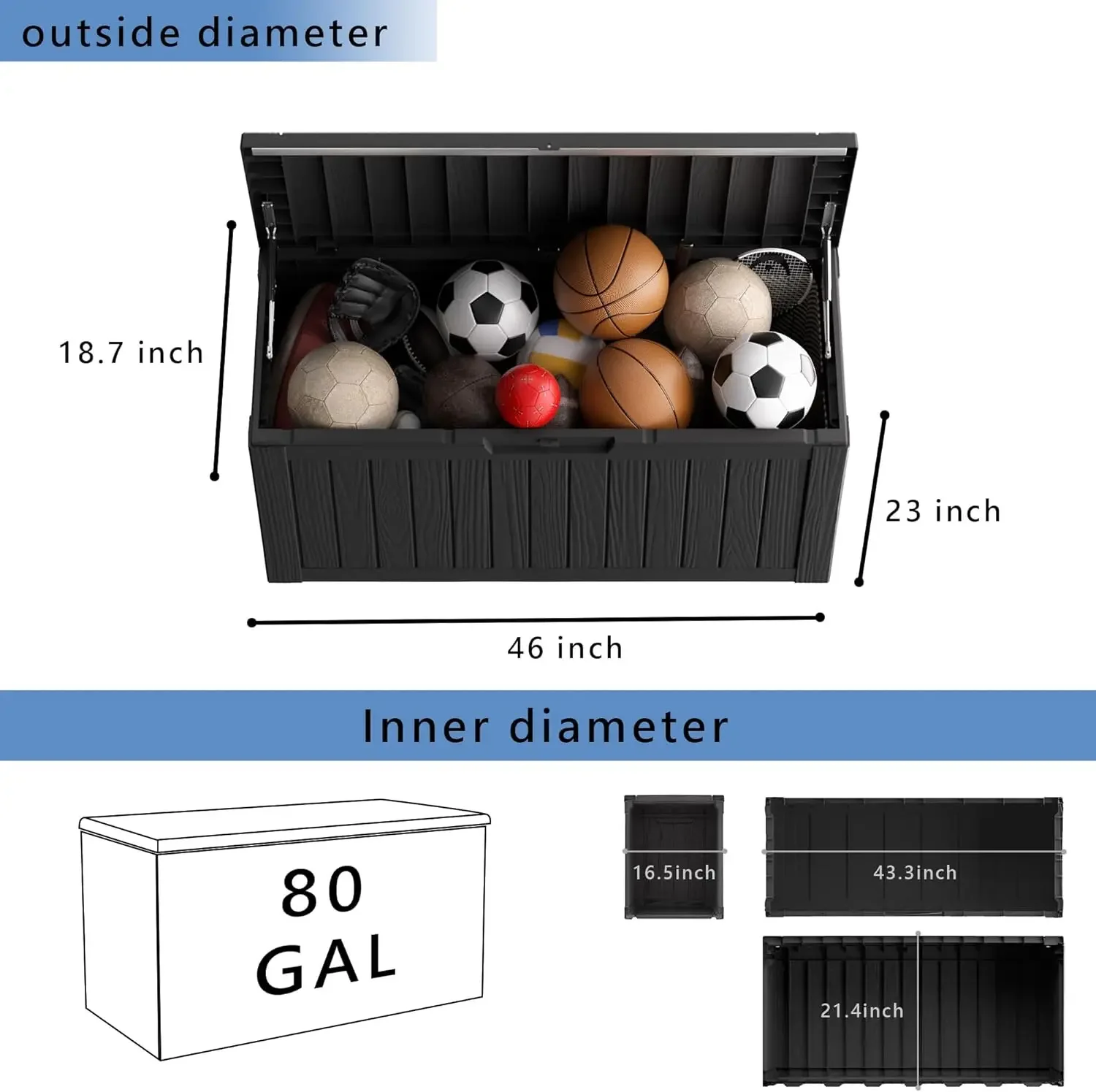 80 gallon deck box,Resin material outdoor storage box,Waterproof and UV-resistant  outdoor settings （black ）caja almacenamiento