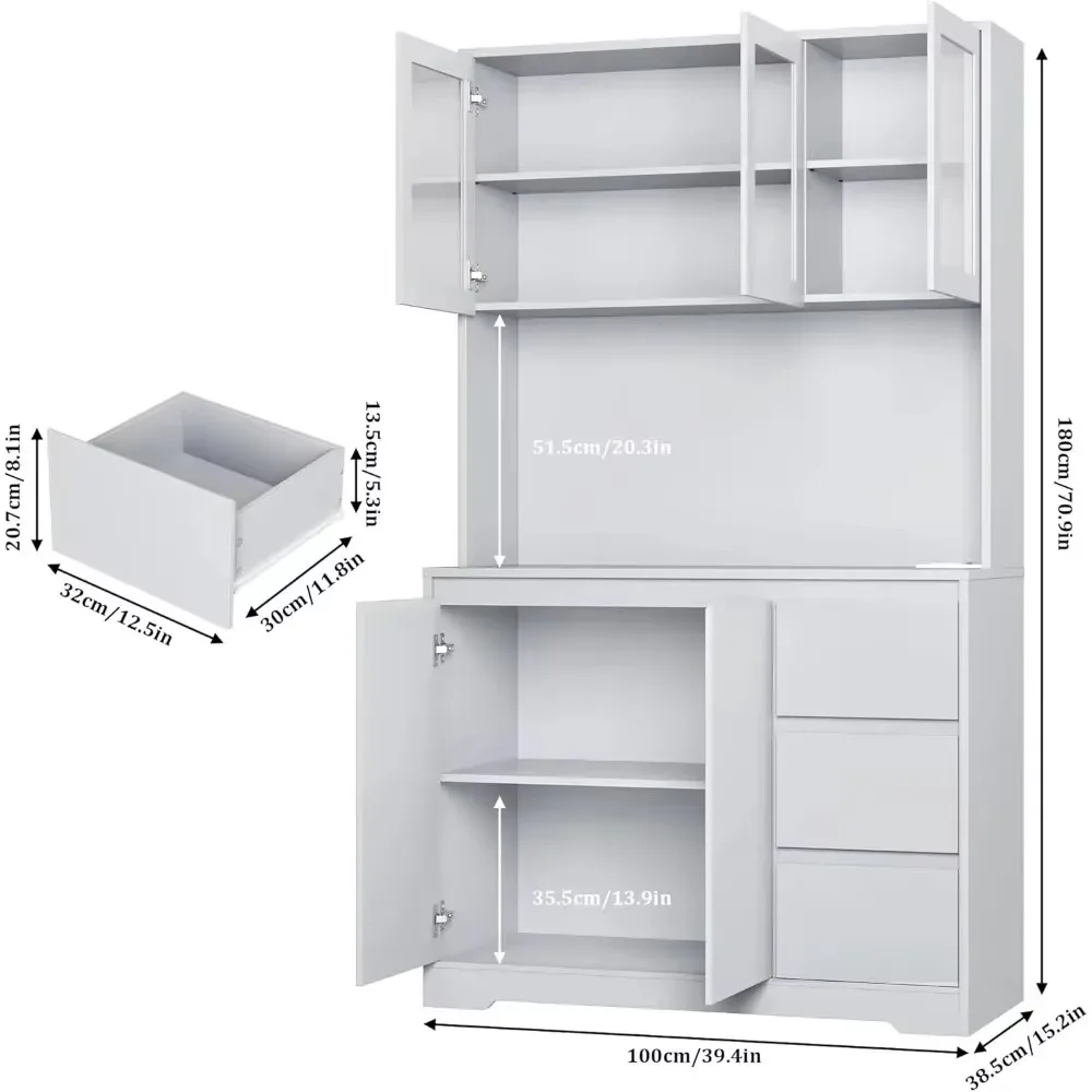 Kitchen Cabinet,LED Lights and Charging Station,Kitchen Hutch Cabinet with Storage and Microwave Stand,Home Cabinets Kitchen