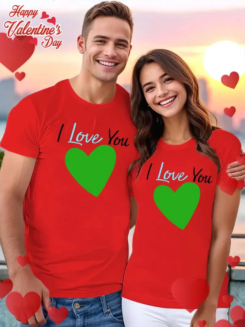 Valentine\'s Day Couples Matching T-Shirts Casual Short Sleeve Crew Neck T Shirt For Men Women New In Couple Elements Print Tees