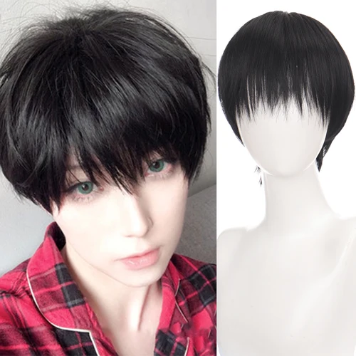 Peluca de juego de rol sintética de pelo corto para hombre, fuegos artificiales resistentes al calor, permanente, pelo corto y rizado, peluca diaria negra natural