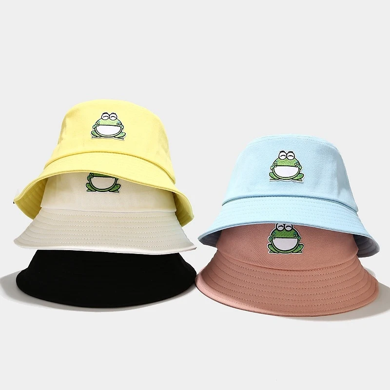 Women Cute Frog Embroidered Bucket Hat Casual Cartoon Style Sun Cap for Daily Outdoor Wear