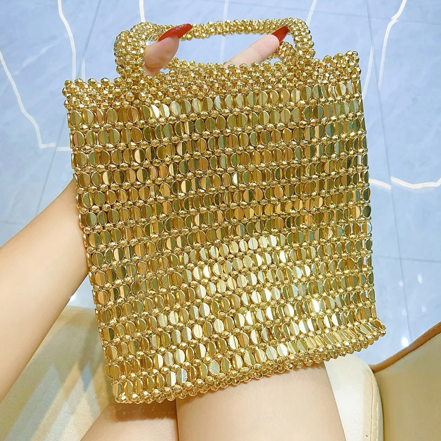 Retro hollow out beaded sequined hand bag women's woven gold/silver handbag shoulder underarm bag Wedding Dinner Party bags sac