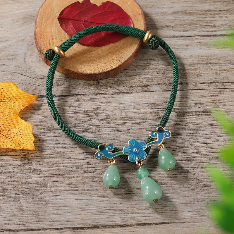 Handmade Artisanal Vintage Crystal Aventurine Anklet Cloisonné Shell Accent Bohemian Style Adjustable Foot Jewelry for Women