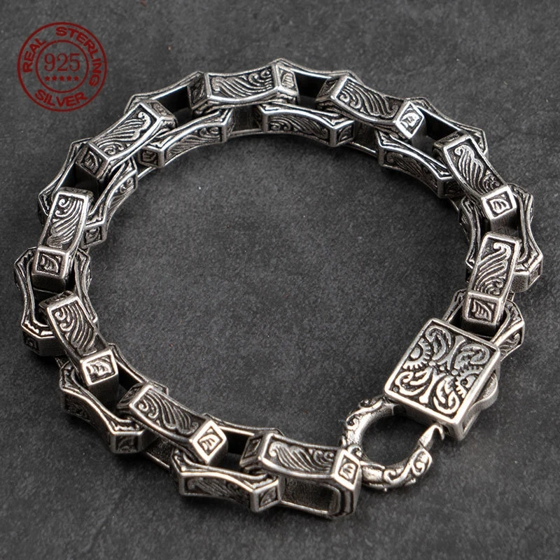 Sea Wave Carving S925 Sterling Silver Bracelet Overpowering Retro Motorcycle Individuality Men Women Jewelry Creativity Gift