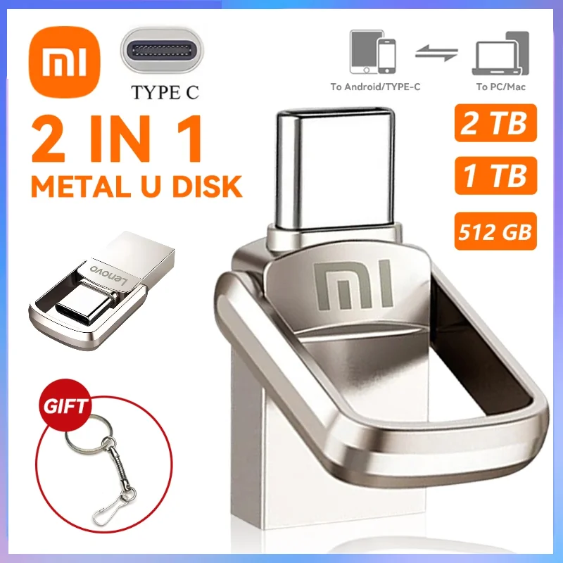 Original XIAOMI 2TB USB 3.1 Flash Drive Metal U Disk 2 IN 1 OTG 1024GB 128GB 512gb 1TB Pen Drives Memory Stick Type C Adapter