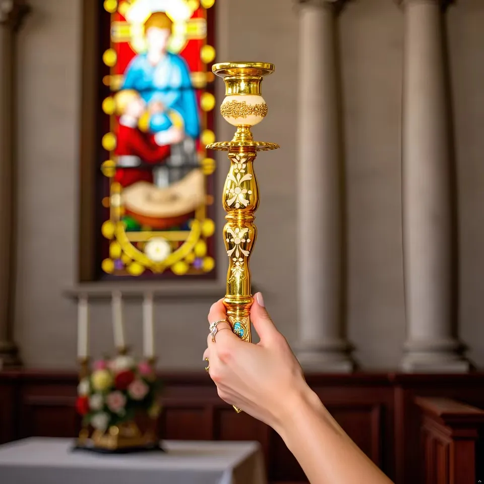 Nuevo portavelas de mano cristiano ortodoxo chapado en oro adornado, soporte de vela litúrgico para iglesia con caja de regalo de tallas intrincadas