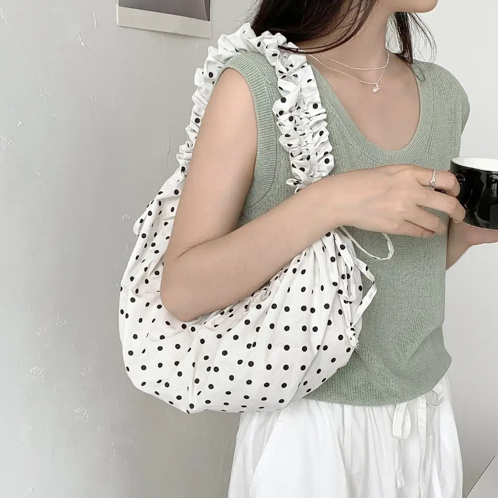 

Корейская сумка через плечо на шнурке, легкая сумка-пельмень, плиссированная сумка в горошек, в балетном стиле, большая вместимость