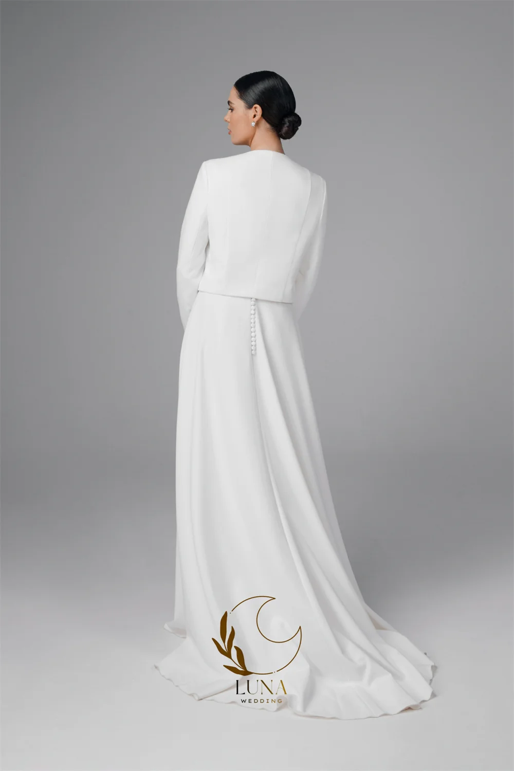 Luna Customized High Quality 2 Pieces Wedding Dresses with Jackets Full Sleeves Jersey Wedding Bride Party Gown robe de mariée