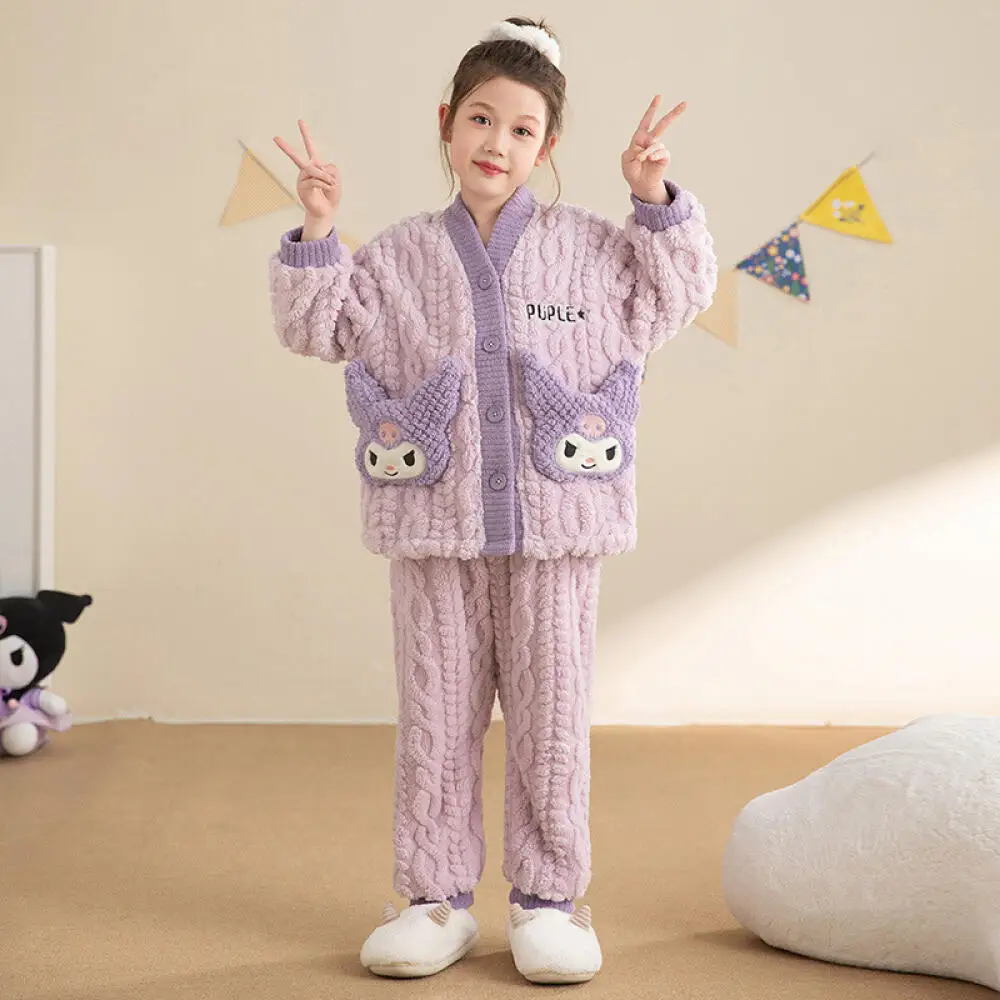 

Sanrio Children's Home Clothing Collection Kuromi Melody Girls' Winter Flannel Thickened Coral Velvet Pajamas Parent-Child Wear