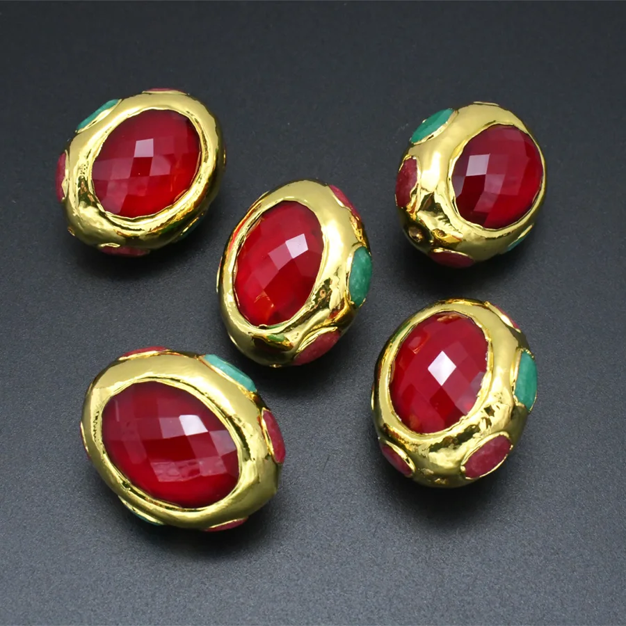 Fashion Women DIY Jewelry Making Findings Rose Red Faceted CZ 18k Gold Palting Oval Nugget Shape Loose Beads