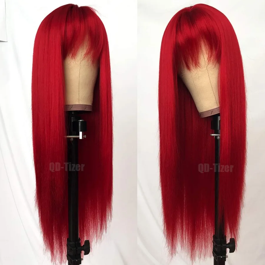 QDTizer Rote Farbe, lange, seidige, gerade Perücken mit Pony, synthetische Perücke ohne Spitze, für modische Frauen, hitzebeständig, natürlich aussehend