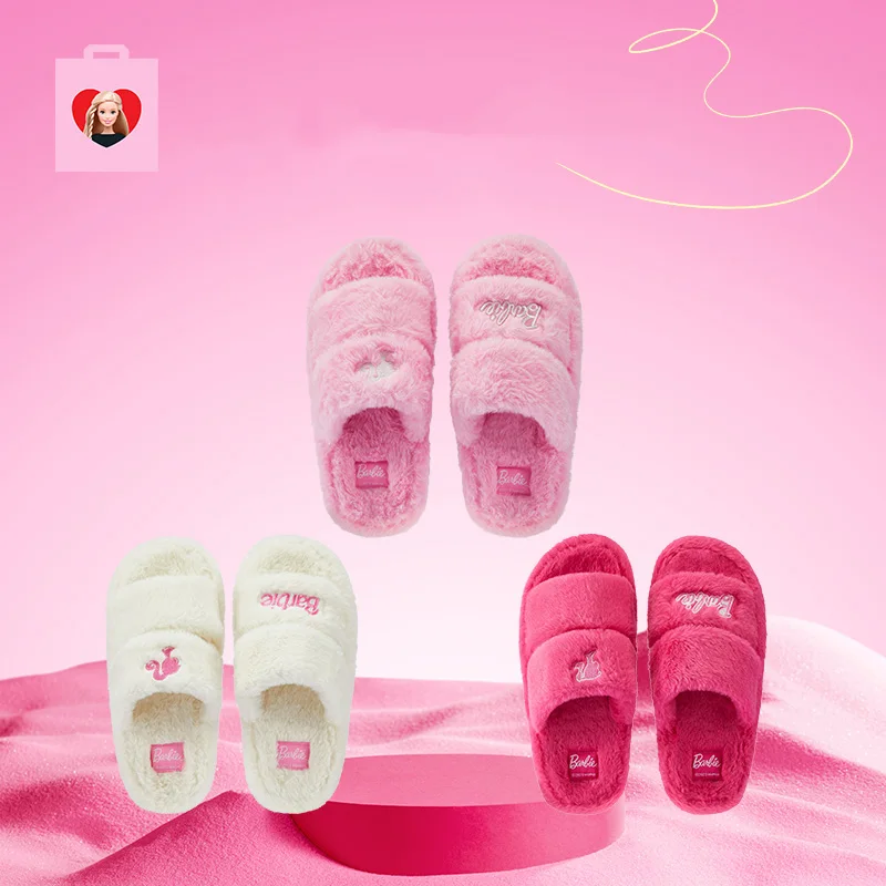 

Miniso Barbie Plush Slippers 2023 Kawaii Cute Student Autumn Winter Bedroom Soft Padded Plush Bedroom Aldult Shoes Girls Xmas