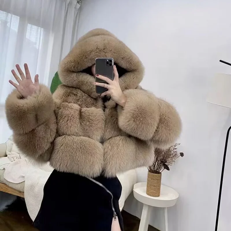 Fox Fur Coat With Hood Women\'s Winter Coat 2024 Fur Coat Women Real Hot Selling Style Women\'s Cropped Clothing Free Shipping