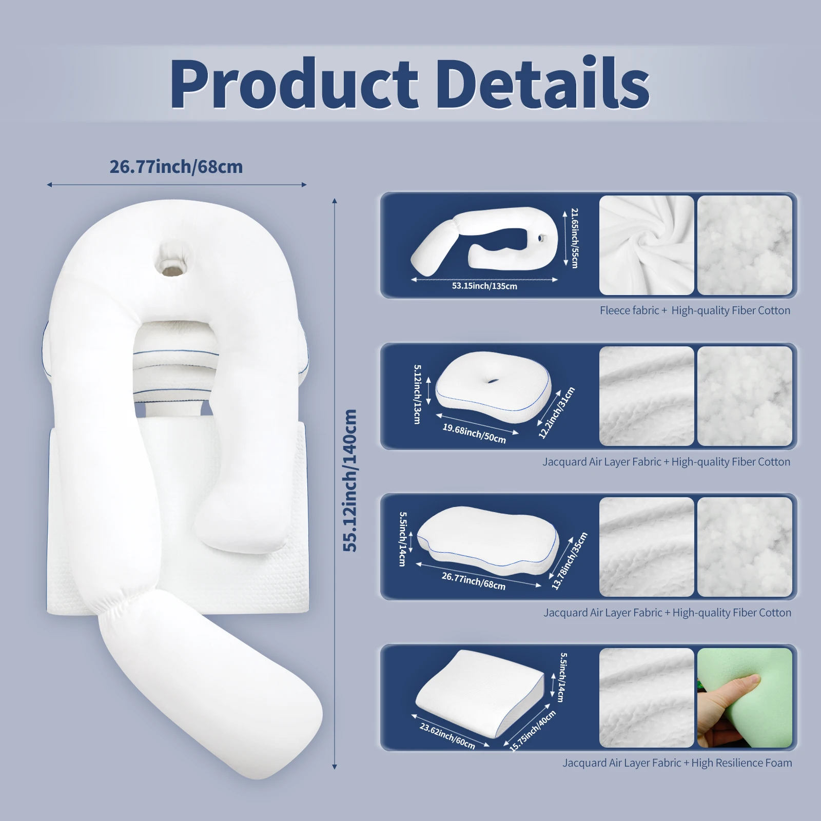 4-in-1 Multifunctional Side Sleeper Pillow Set Ergonomic Full Body Support Pillow for Pregnancy Neck Pain & Acid Reflux Relief
