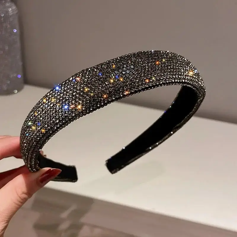 Wide Shiny Full Rhinestone Headbands Silver Crystal Velvet Hairbands for Women Girls Hair Hoops Party Jewelry Hair Accessories