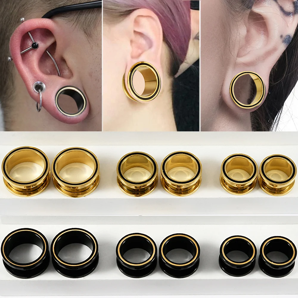 Pair Double Color Screw Ear Gauges Stainless Steel Gold Ear Flesh Tunnel Ear Plugs Gauges Expander Piercing Body Jewelry8-25mm