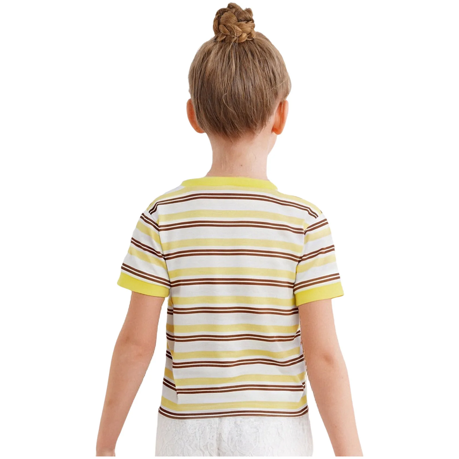 Kids Girls T-shirt Summer Heart Embroidery Striped Round Neck Short Sleeves Contrast Color Casual Tops for Holiday Weekend Beach