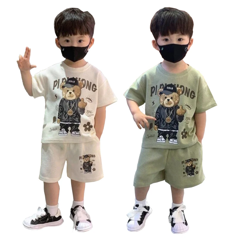 1-12 Y Boys Fashion Handsome Cartoon Bear Kids T-shirt+Shorts 2-piece Clothes Sets Summer Korean Style Casual Sports Jersey Suit