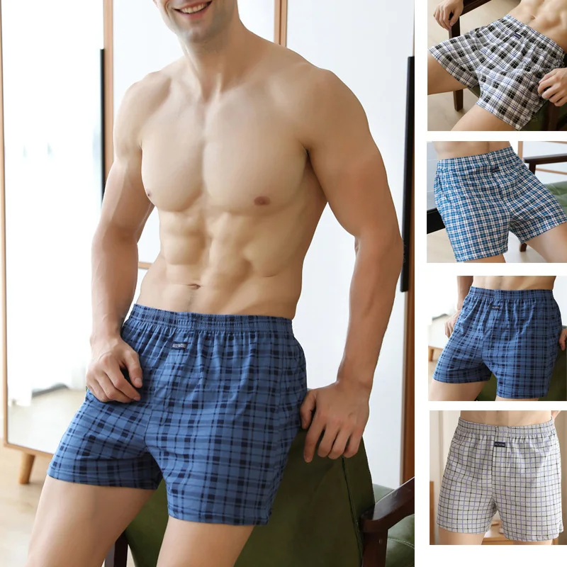 2pcs Male Arrow Pants Men Cotton Plaid Boxers Shorts Loose Mid-Waisted Men\'s Plus Size Underwear Homewear Comfortable Panties