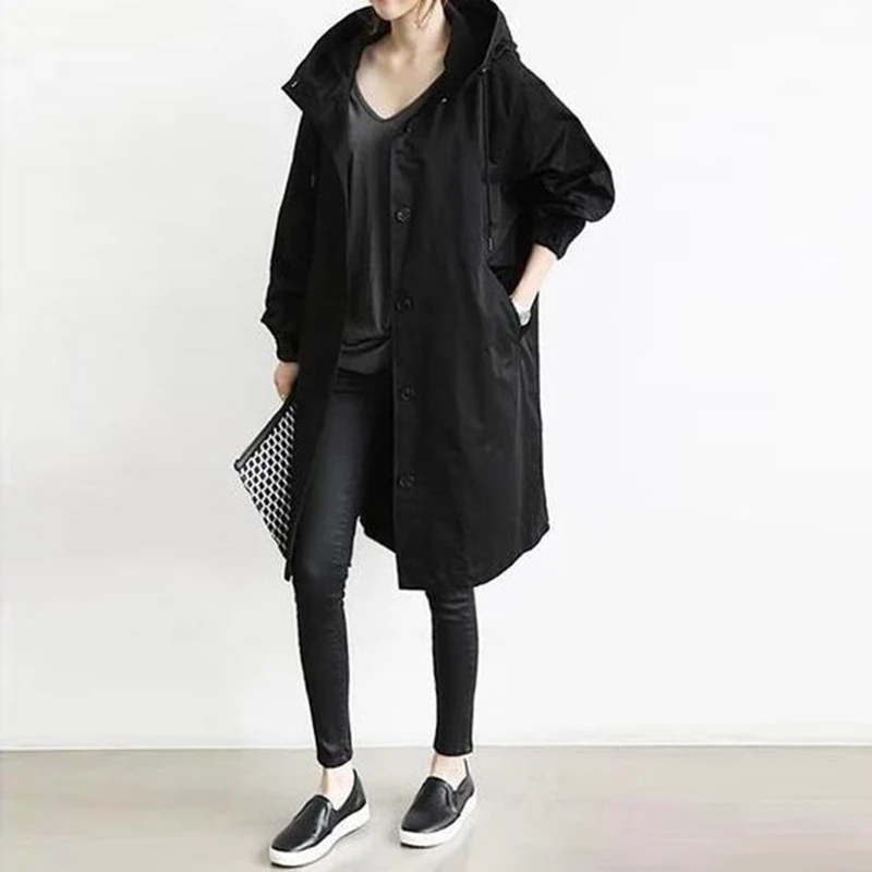 Plus Size British Style Vintage Pocket Hooded Long Sleeved Windbreaker Loose Coat Mid Length Jacket Casual Women Autumn Thin New