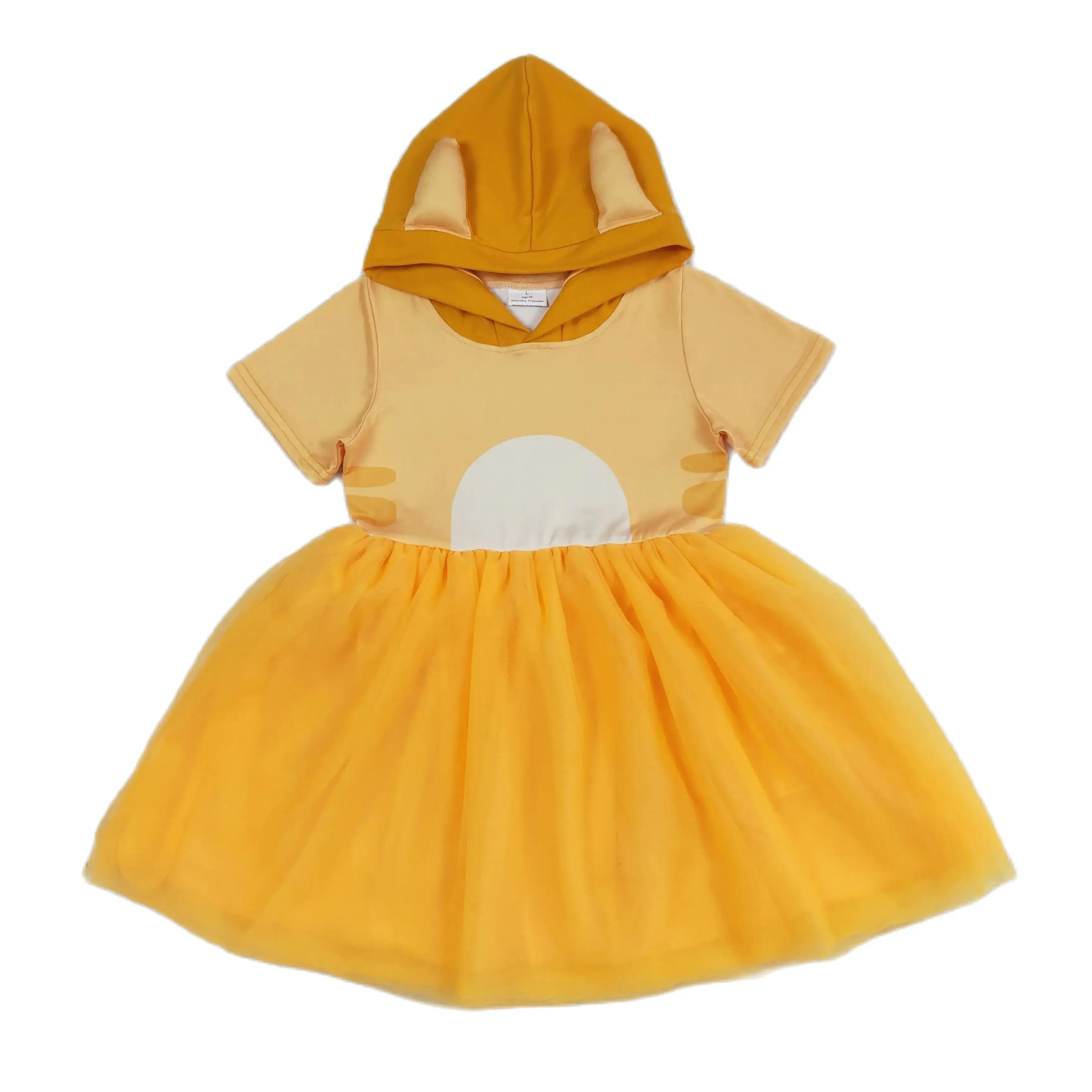 GSD0998 Fashionable Kids Girls Dresses  Short Sleeves Top Orange Tulle Hood Print  With Dress  Children Clothes