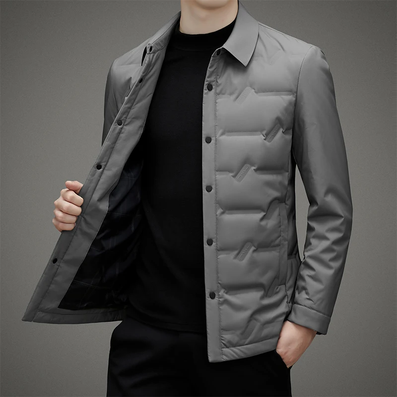 Men's Lightweight Shirt Style Autumn and Winter Pure Color Commuting Simple White Duck Down Warm Business Jacket