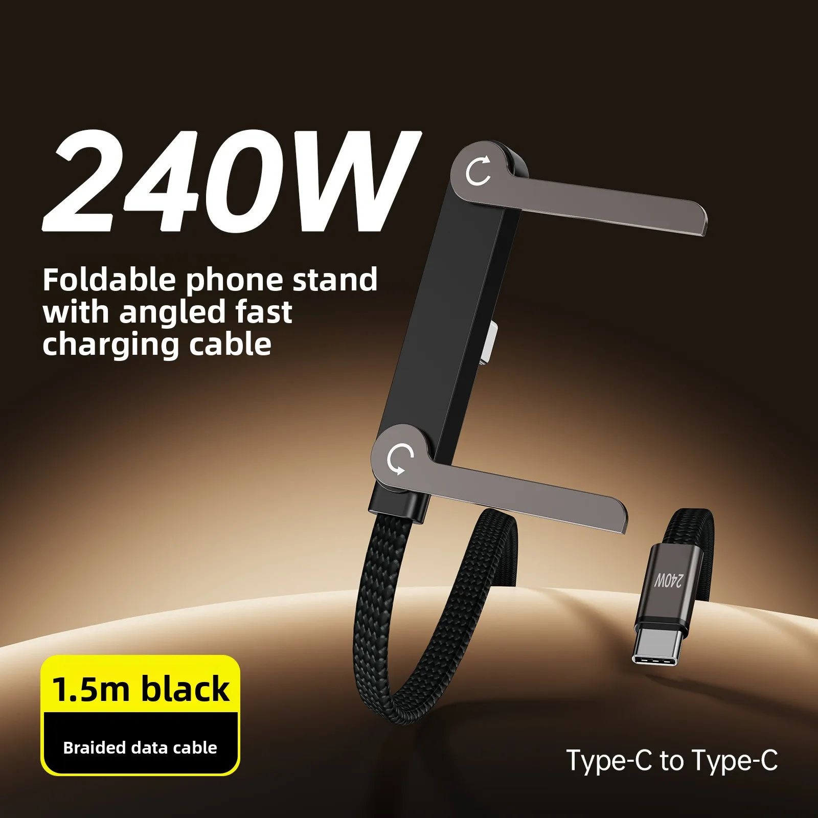 240W Fast Charging Cable With Foldable Phone Holder 2-in-1 Type-C Quick Charge Data Wire USB C Charging Line For Mobile Phone