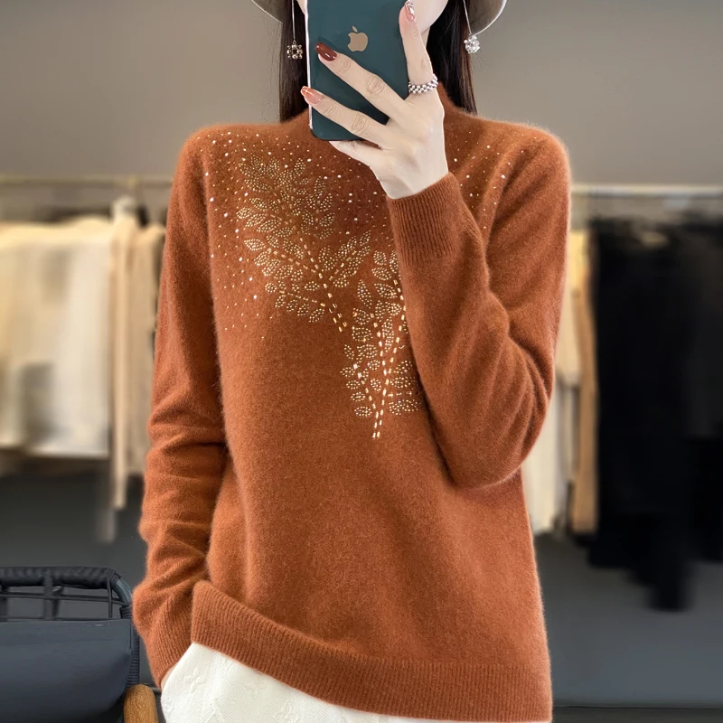 

Женский вязаный свитер из 100% мериносовой шерсти горячего прессования, кашемировый свитер, свободный топ с полувысоким воротником, 2025 NJR888