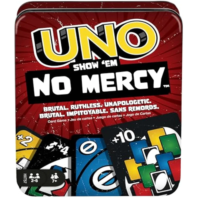 Mattel Games UNO No Mercy Flip Cards Family Night Party Card Game Travel Camping and Party Board Game Holiday Gift Tin Box