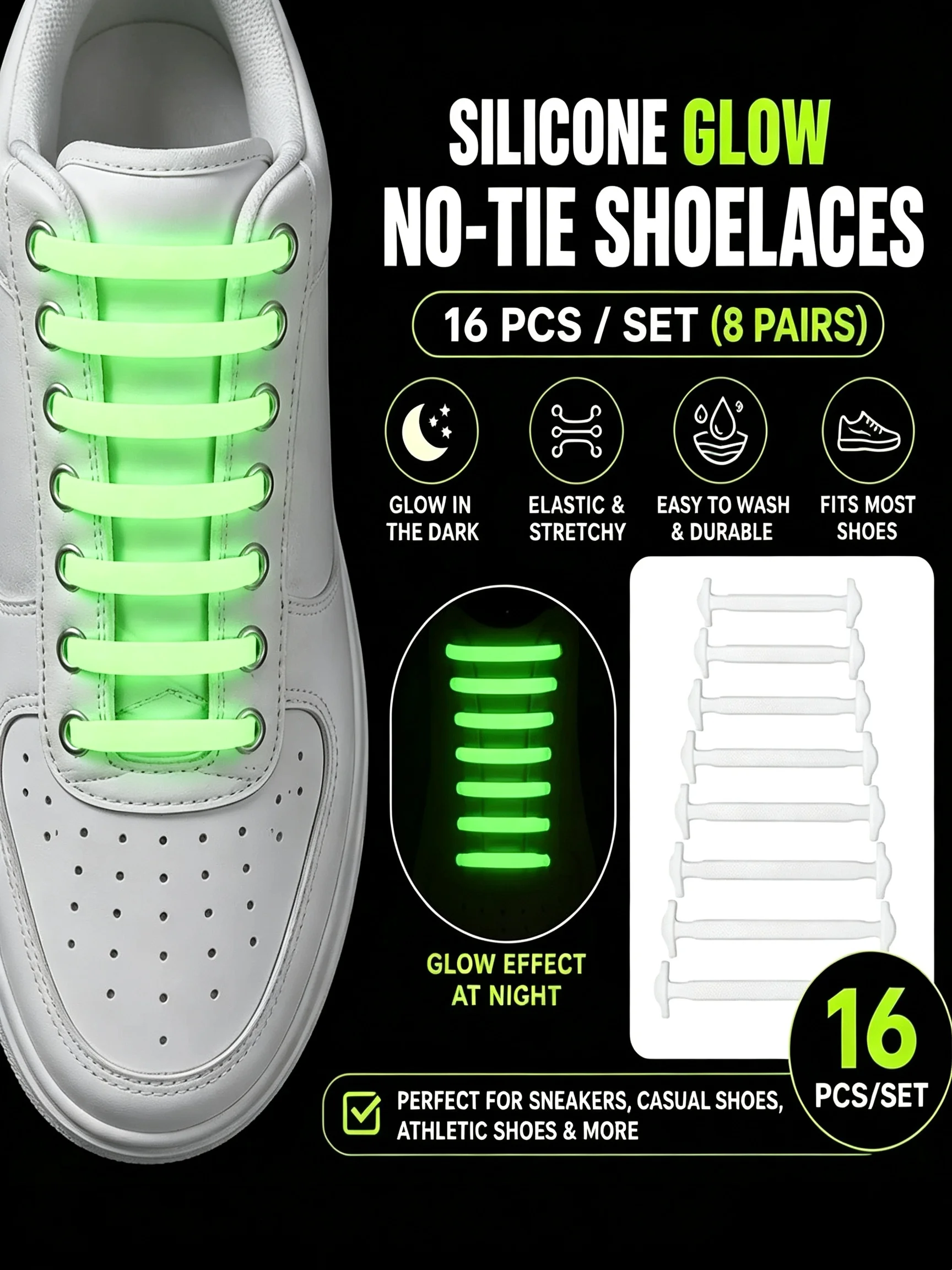 16 Luminous No-Tie Shoelaces, Reflective Shoelaces, Glow-In-The-Dark Shoelaces, Fashionable Elastic Shoelaces That Are Easy to Clean and Resistant to Dirt, Suitable for Sneakers, Casual Shoes, and Sports Shoes, Easy to Put on and Take Off Without Tying, Unisex Colorful Shoelaces