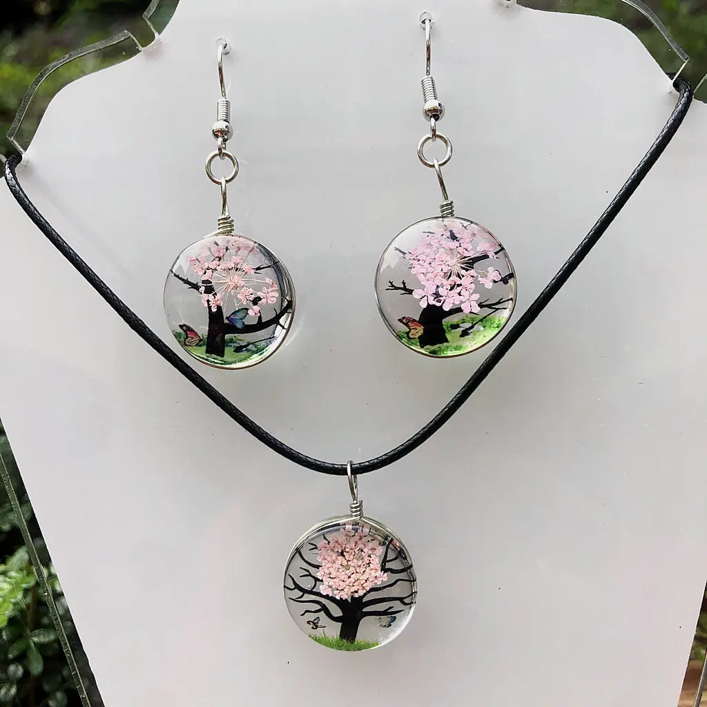 Charming Purple Lamp Glass Pearl Tree Pendant Necklace And Earrings Set Women\'s Jewelry Gift for Party