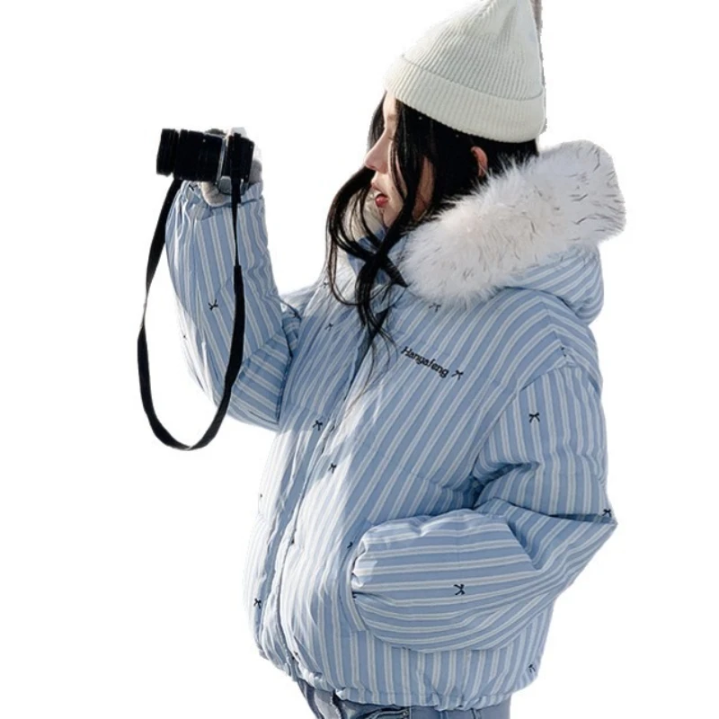 Parkas Women Short Coats Fur Collar Hooded Zipper Jackets Striped Print Bow Thick Y2k Streetwear Jacket Work Autumn Winter