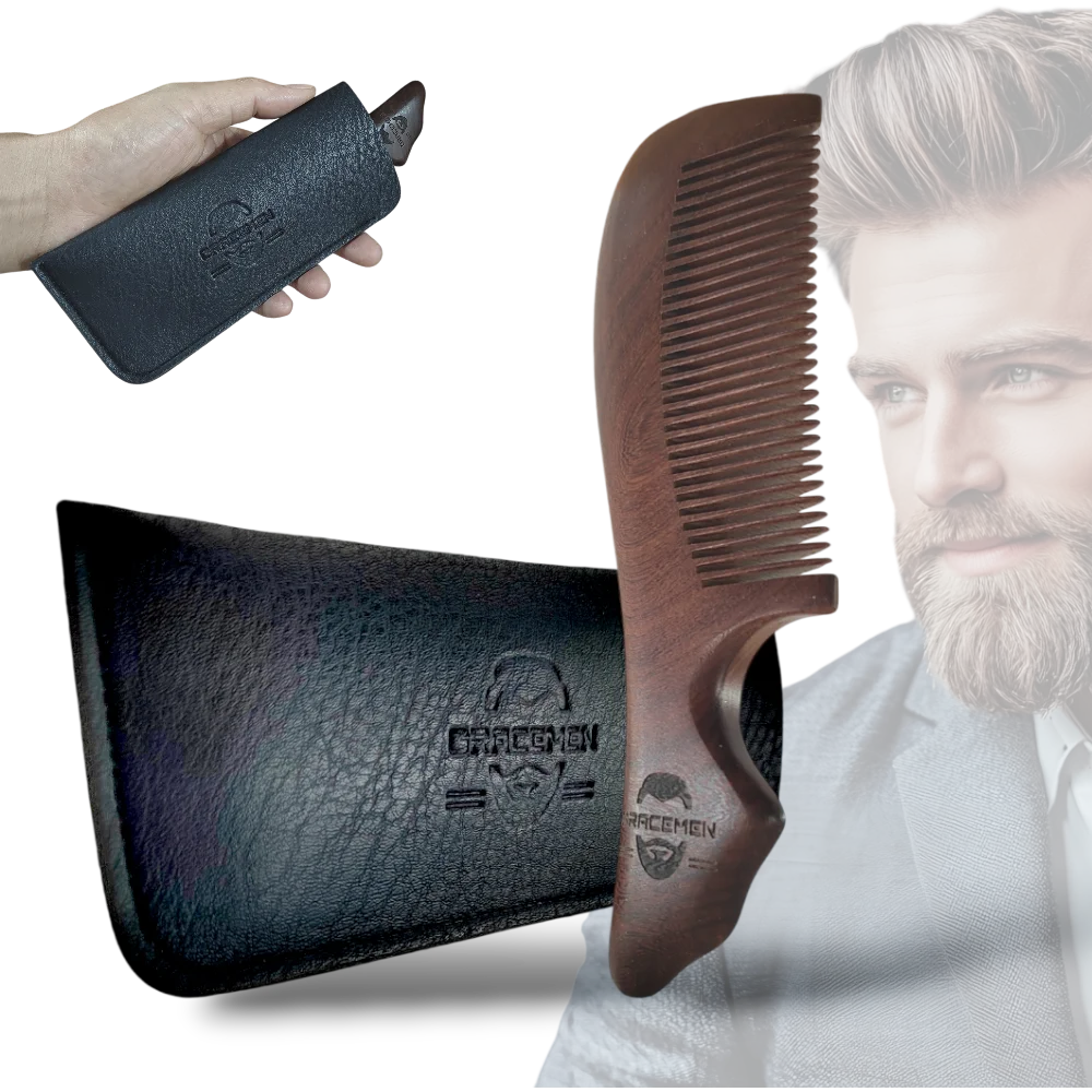 The Gracemen 100% Natrual Dark wooden Handle Beard Comb for Men and Wemen Anti-Static Wood Hair Comb with PU Leather Sleeve