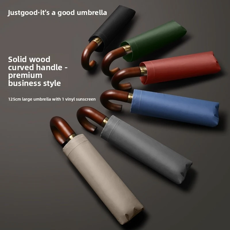 

Business Solid Wood Curved Handle Automatic Oversized Umbrella for Men, Black Coated Reinforced Sun Protection Parasol