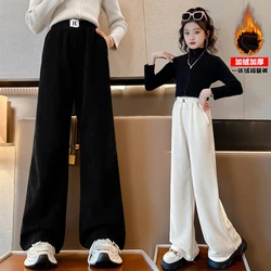Big Children Trousers Winter Autumn Warm Pants Fleece Lined Wide Leg Pants For Teens Girls Clothes Solid Kids Bottoms 4-16Yrs