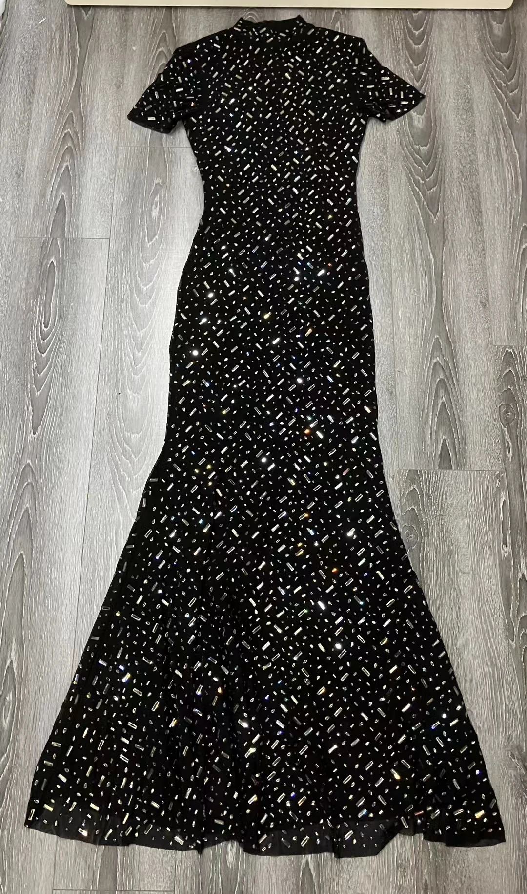 Women Black rhinestone high neck long dress fashion luxurious party Floor length dress