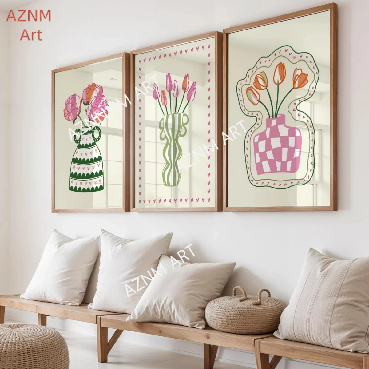 Tulpenblumen-Vase Gestreifter Abstrakter Leinwanddruck Poster Moderne Botanische Farbenfrohe Blumenkunst Wanddekoration