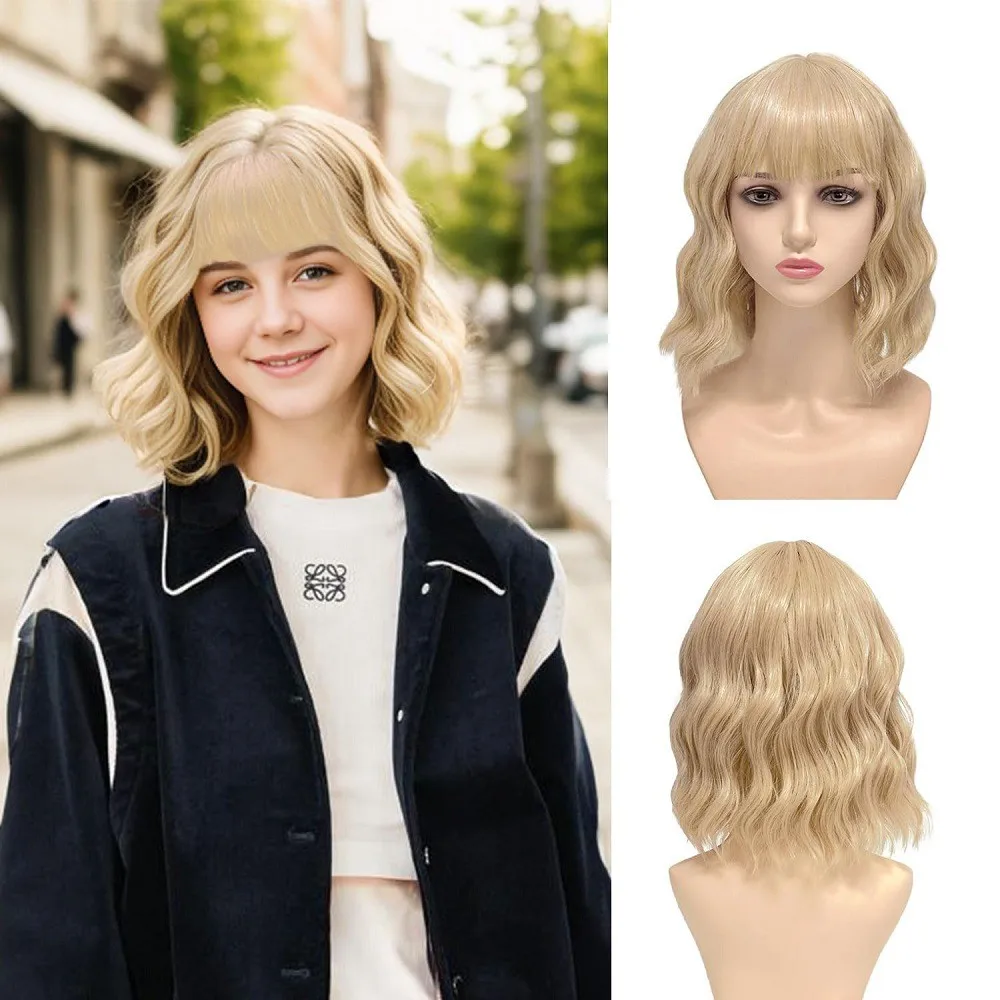 

Medium Length Stylish Blonde Bob Wig with Wavy Layers and Bangs - Ideal for Daily Wear and Cosplay