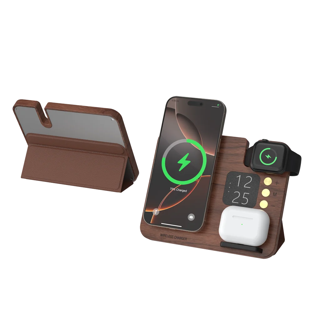 2025 New Arrivals Multifunctional Wooden Docking Holder 3 in 1 Magnetic Wireless Charger Station Phone Holder for iPhone